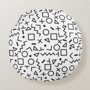 80's 90's Black & White Retro Shapes Pattern  Round Cushion