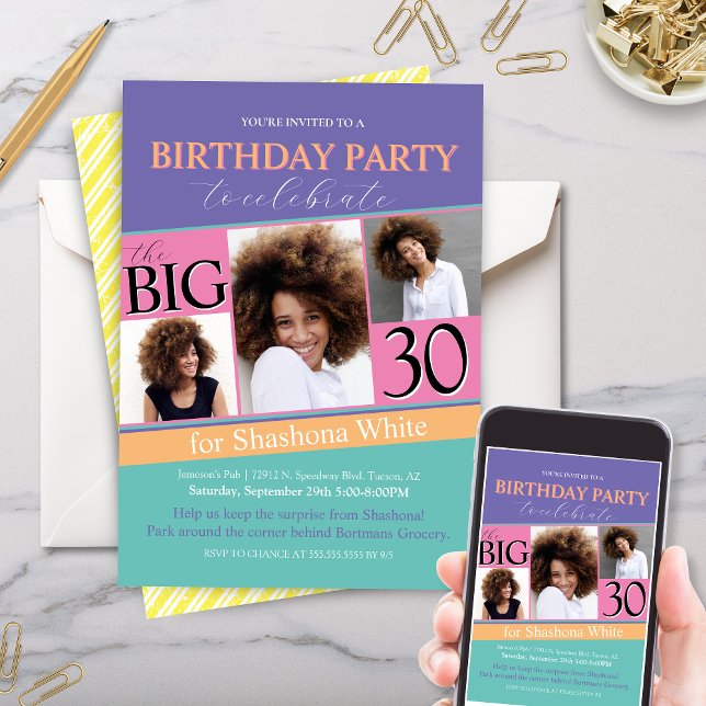 80s 90s Colour Block Vintage Birthday Invitation (colorful 80s 90s vintage throwback birthday party invitations with 3 photo collage for any age)
