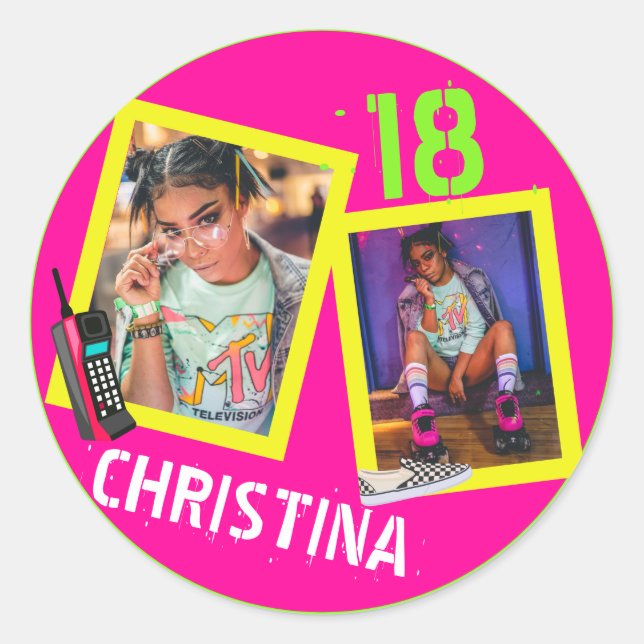 80's|90's Flashback Neon Hip Hop Photo Birthday Classic Round Sticker (Front)