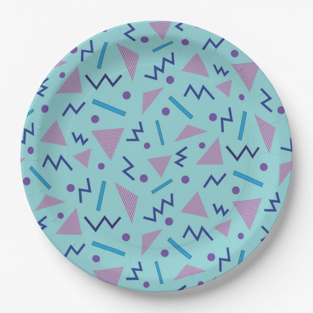 80s 90s Memphis style Geometric Blue   Paper Plate (Front)