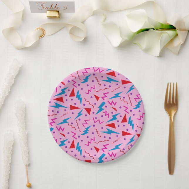 80s 90s Memphis style geometric Pink  Paper Plate (Wedding)