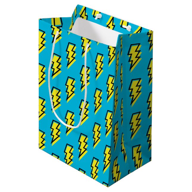 80's/90's Neon Blue Yellow Lightning Bolt Pattern Medium Gift Bag (Front Angled)