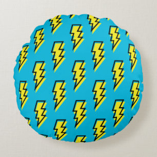 80's/90's Neon Blue Yellow Lightning Bolt Pattern Round Cushion
