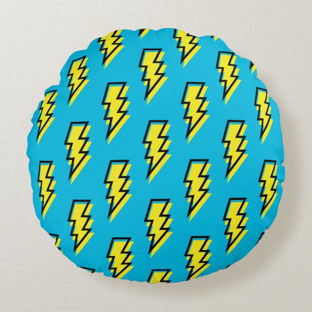80's/90's Neon Blue Yellow Lightning Bolt Pattern Round Cushion (Front)