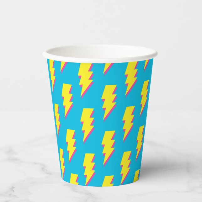 80's/90's Pattern Fun Blue Yellow Bolt Neon Retro Paper Cups (Front)