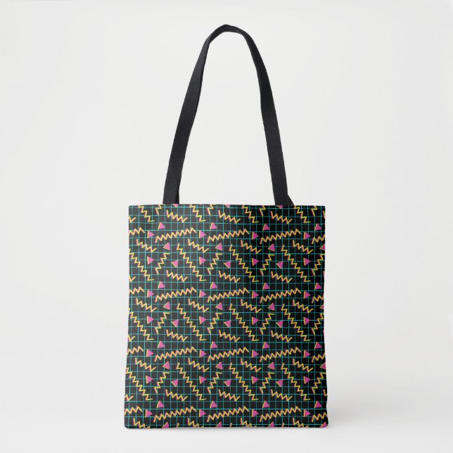 80's/90's Retro Black Neon Doodle Pattern Tote Bag (Front)