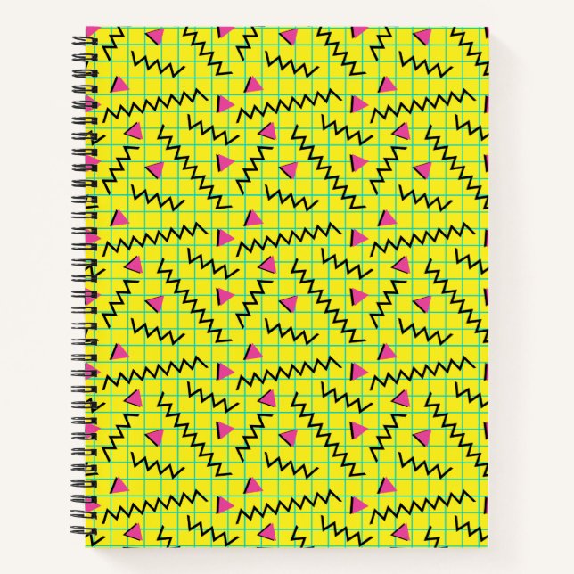 80's/90's Retro Neon Yellow Doodle Pattern Notebook (Front)