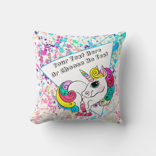 80s 90s Retro Pink Blue Paint Splats White Unicorn Cushion (Front)