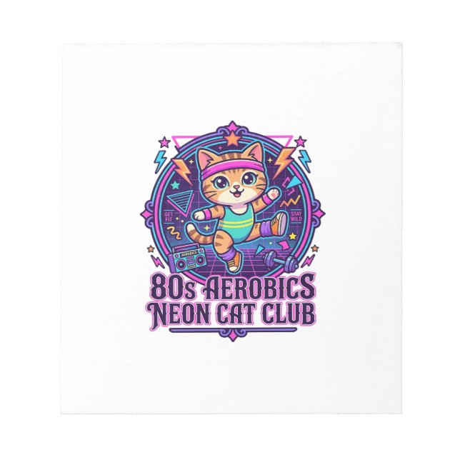 80s Aerobics Neon Cat Funny Cat Lover Design - 80s Notepad (Front)
