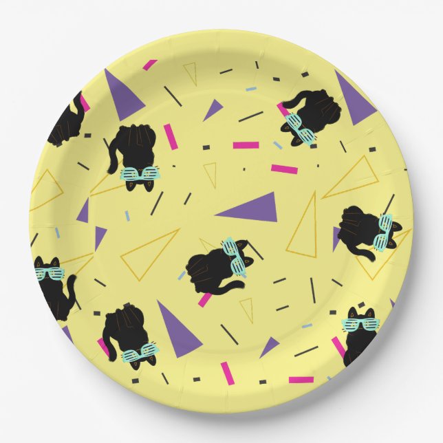 80's Birthday Party, Black Cat, Retro Party Paper Plate (Front)