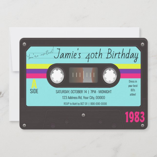 80's Birthday Party, Retro Cassette Tape  Invitation (Front)