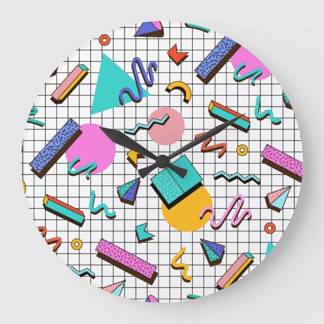 80s Bright Chequered: Vintage Geometric. Large Clock (Front)