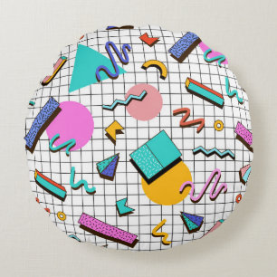 80s Bright Chequered: Vintage Geometric. Round Cushion