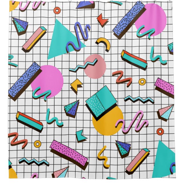 80s Bright Chequered: Vintage Geometric. Shower Curtain (Front)