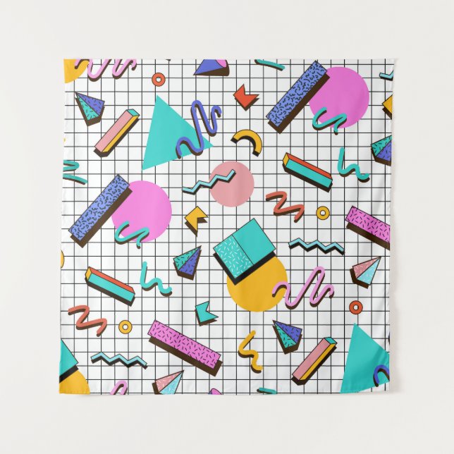 80s Bright Chequered: Vintage Geometric. Tapestry (Front)