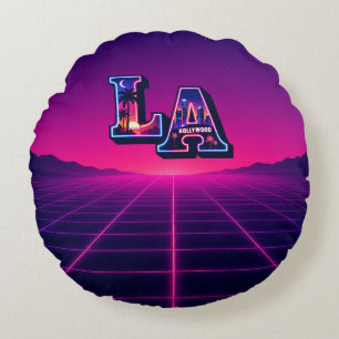 80s California Style Neon LA Typography Art Round Cushion