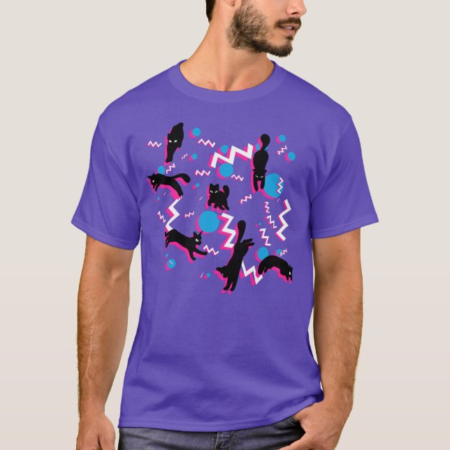80s Cats Black Pink Geometric Memphis Pattern T-Shirt (Front)