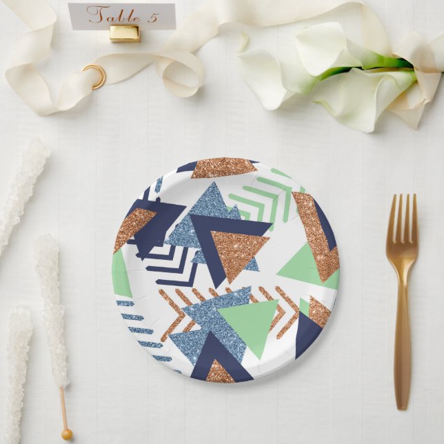 80s Colour Abstract | Navy Rose Gold Mint 90s Paper Plate (Wedding)