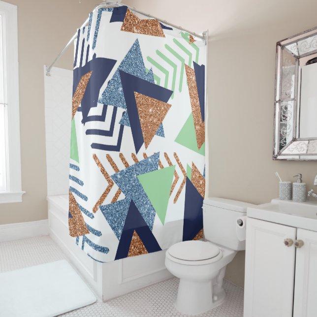 80s Colour Abstract | Navy Rose Gold Mint 90s Shower Curtain (In Situ)