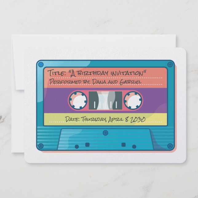 80s colourful retro music cassette invitation (Front)