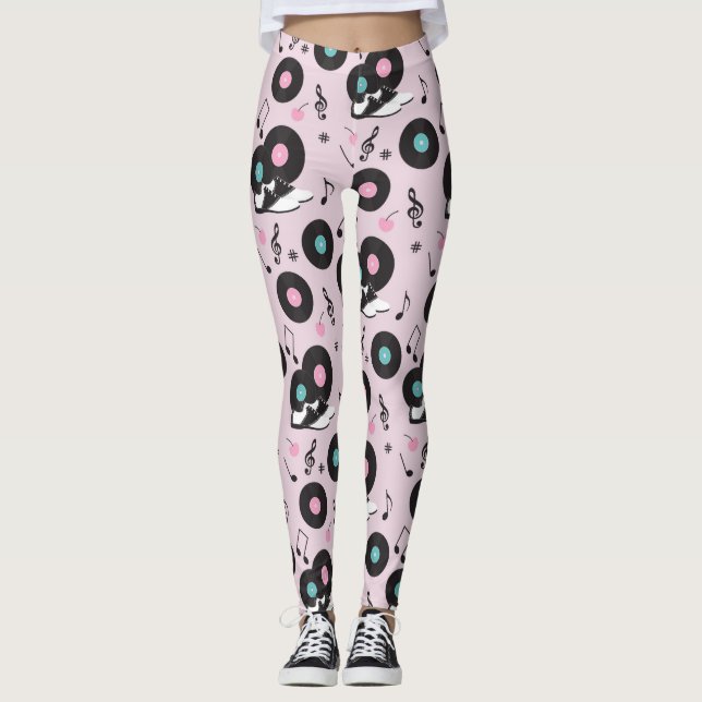 80s Disco Retro Pink Vinyl Records Leggings (Front)