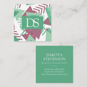 80s Fresh Abstract   Pink and Green Shape Monogram Calling Card
