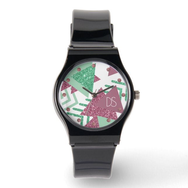 80s Fresh Abstract | Pink and Green Shape Monogram Watch (Front)