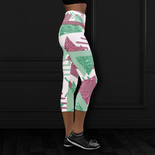 80s Fresh Abstract   Pink and Green Shapes Pattern Capri Leggings