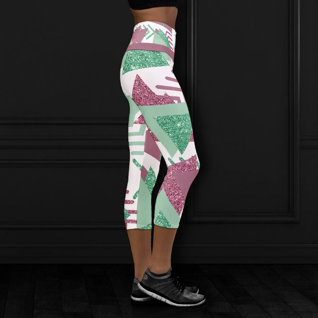80s Fresh Abstract | Pink and Green Shapes Pattern Capri Leggings (Creator Uploaded)