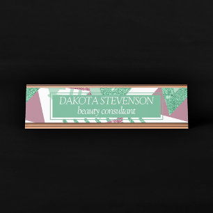 80s Fresh Abstract   Pink and Green Shapes Pattern Desk Name Plate