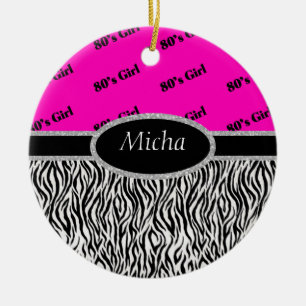 80's Girl Neon Pink & Zebra Monogram Ceramic Tree Decoration