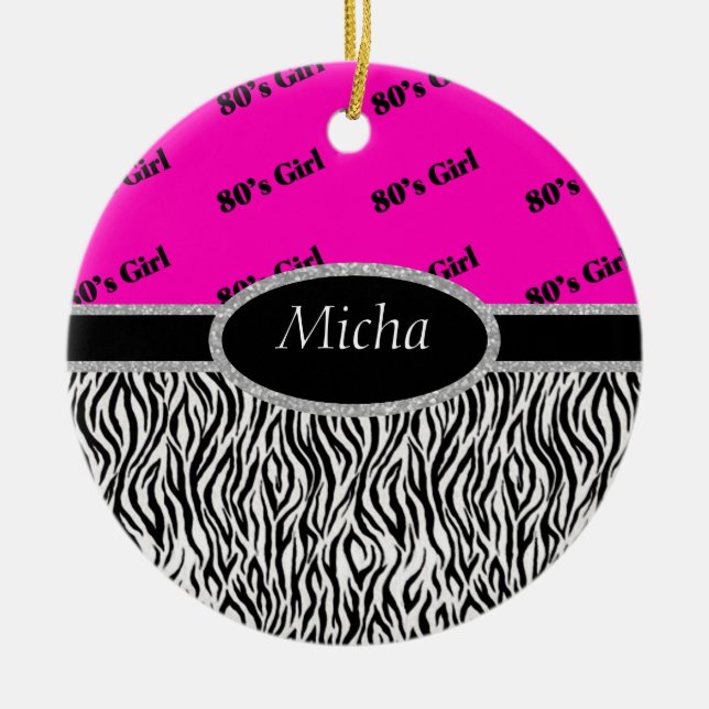 80's Girl Neon Pink & Zebra Monogram Ceramic Tree Decoration (Front)