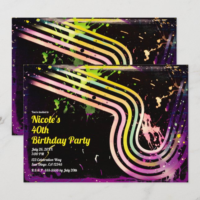 80's Grunge Colour Splatter Retro Birthday Party Invitation (Front/Back)