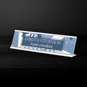 80s Luxe Abstract Turquoise and Navy Blue Shapes Desk Name Plate