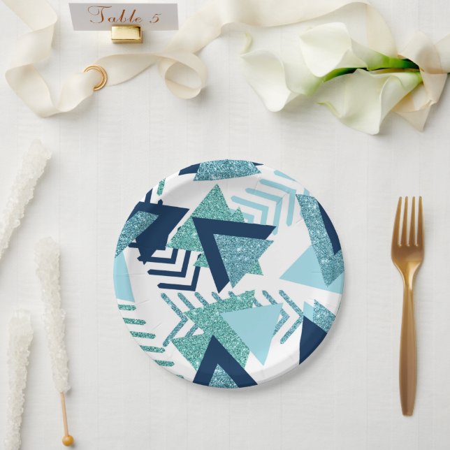 80s Luxe Abstract | Turquoise and Navy Blue Shapes Paper Plate (Wedding)