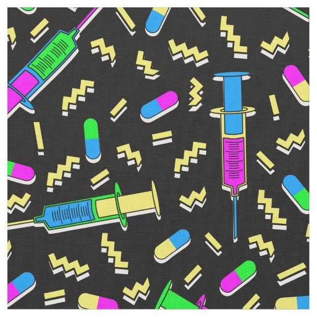 80s medical pattern on black fabric (Close Up)