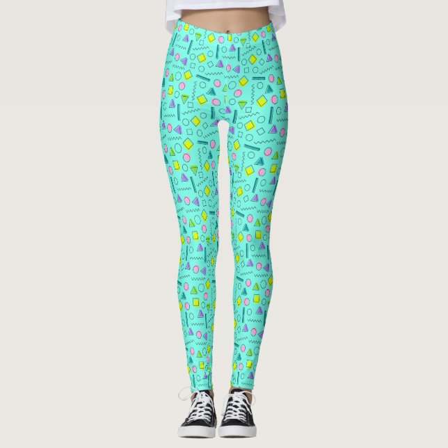 80s Memphis Abstract Shapes on Light Blue Leggings (Front)