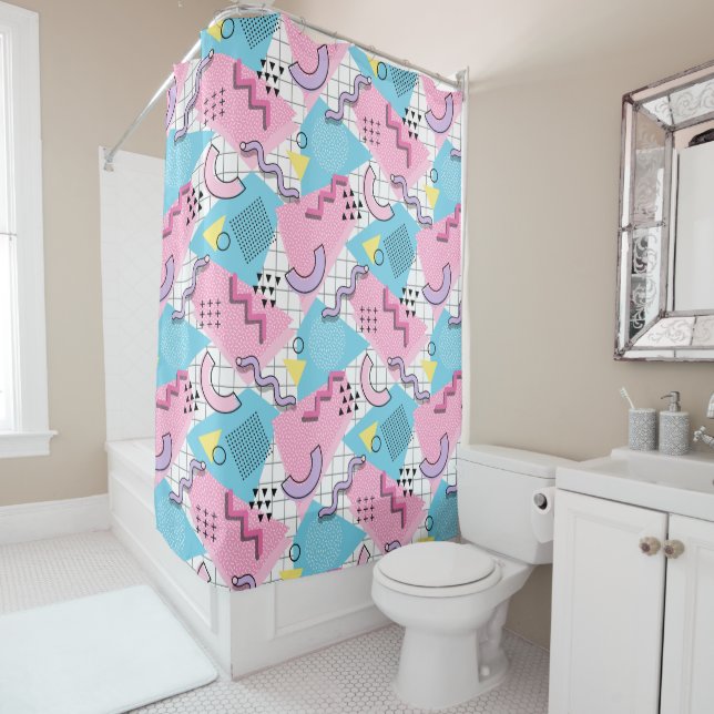80's Memphis Active Pink Light Blue Shower Curtain (In Situ)
