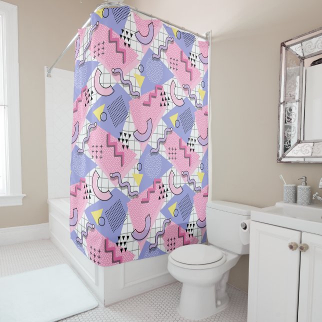 80's Memphis Active Pink Lilac Shower Curtain (In Situ)