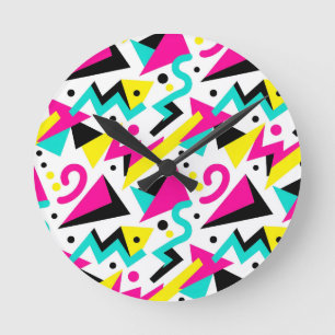 80s Memphis Geometric Pattern Round Clock