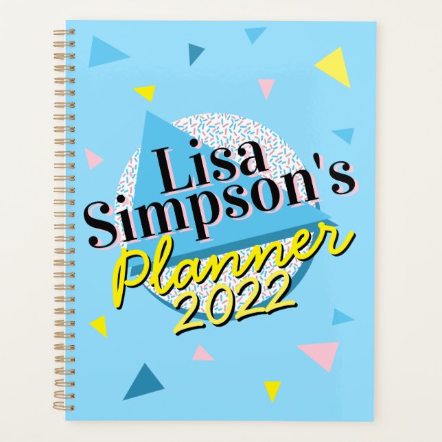 80s Memphis Style Blue Yellow Geometric Print Planner (Front)