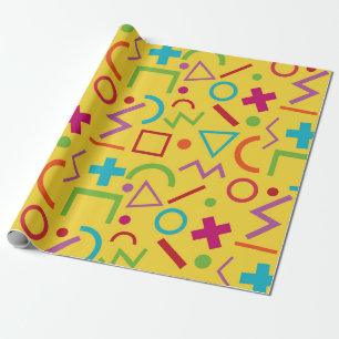 80s Memphis Style Geometric Shapes Yellow Wrapping Paper