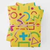 80s Memphis Style Geometric Shapes Yellow  Wrapping Paper Sheet (In situ)