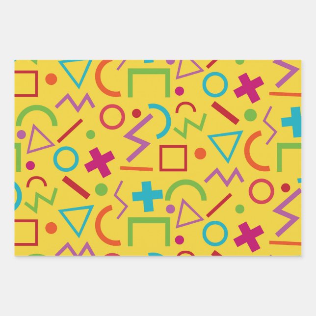 80s Memphis Style Geometric Shapes Yellow  Wrapping Paper Sheet (Front)
