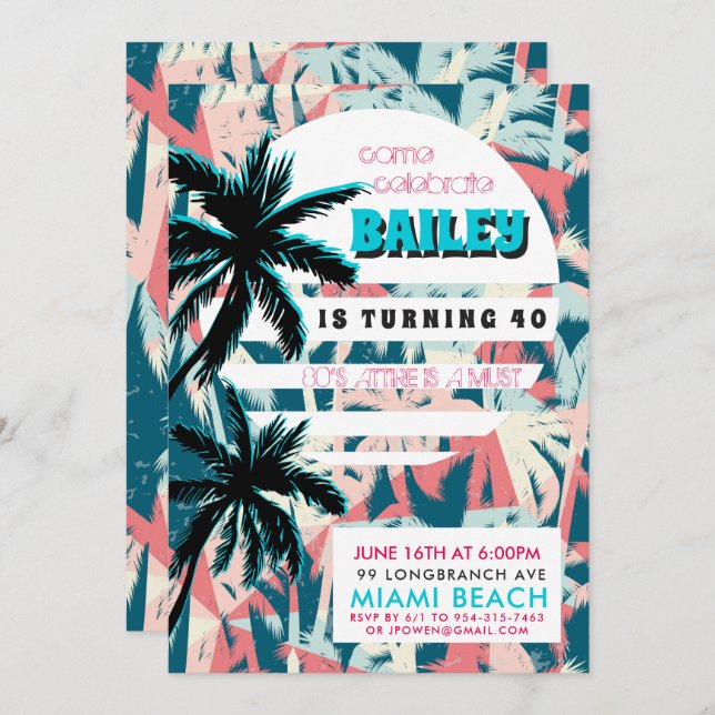 80s Miami Birthday Party Invitation (Front/Back)