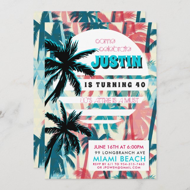 80s Miami Birthday Party Invitation (Front/Back)