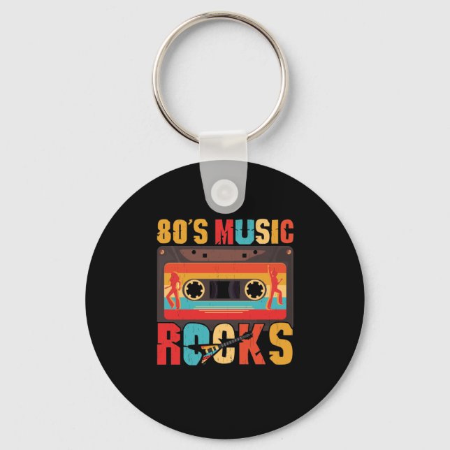 80s Music Rocks - Vintage Retro Distressed Key Ring (Front)