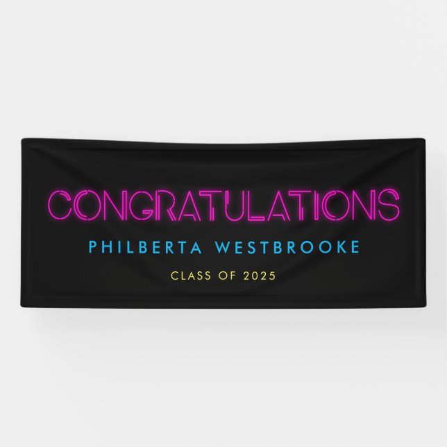 80's neon lights Graduation party Congratulations Banner (Horizontal)