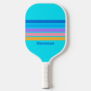 80s Neon Ocean Sky Across Striping with Name Pickleball Paddle