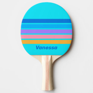 80s Neon Ocean Sky Across Striping with Name Ping Pong Paddle